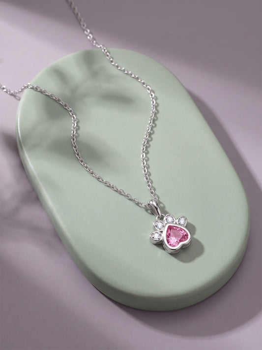 Silver Heart Paw Pendant With Link Chain