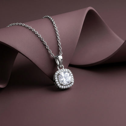 Silver Cushion Halo Pendant With Link Chain