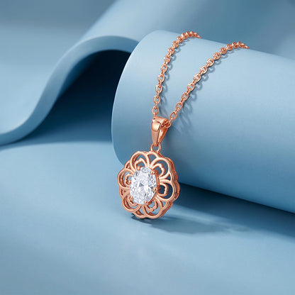Rose Gold Floral Solitaire Pendant With Link Chain