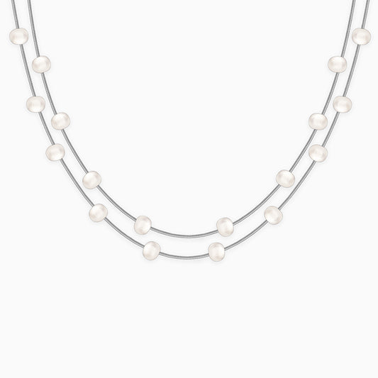 Silver Layered Pearl Station Necklace