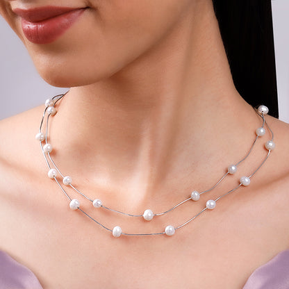 Silver Layered Pearl Station Necklace