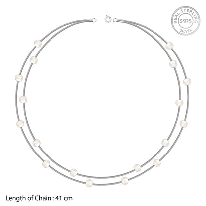 Silver Layered Pearl Station Necklace