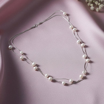 Silver Layered Pearl Station Necklace