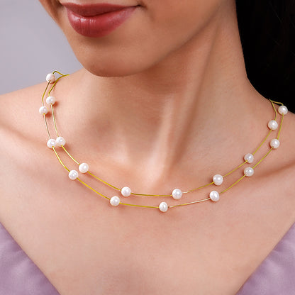 Golden Layered Pearl Station Necklace