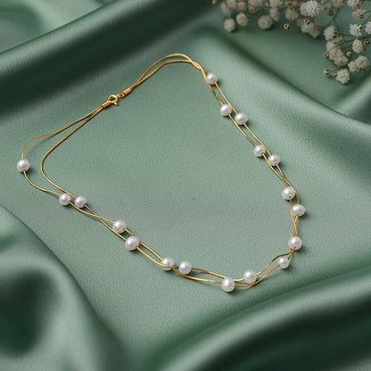 Golden Layered Pearl Station Necklace