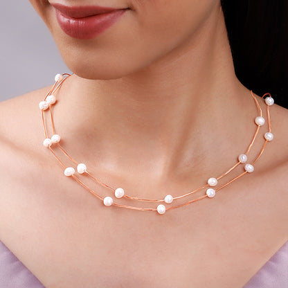 Rose Gold Layered Pearl Station Necklace