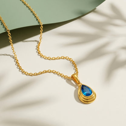 Golden Blue Tear Pendant With Link Chain