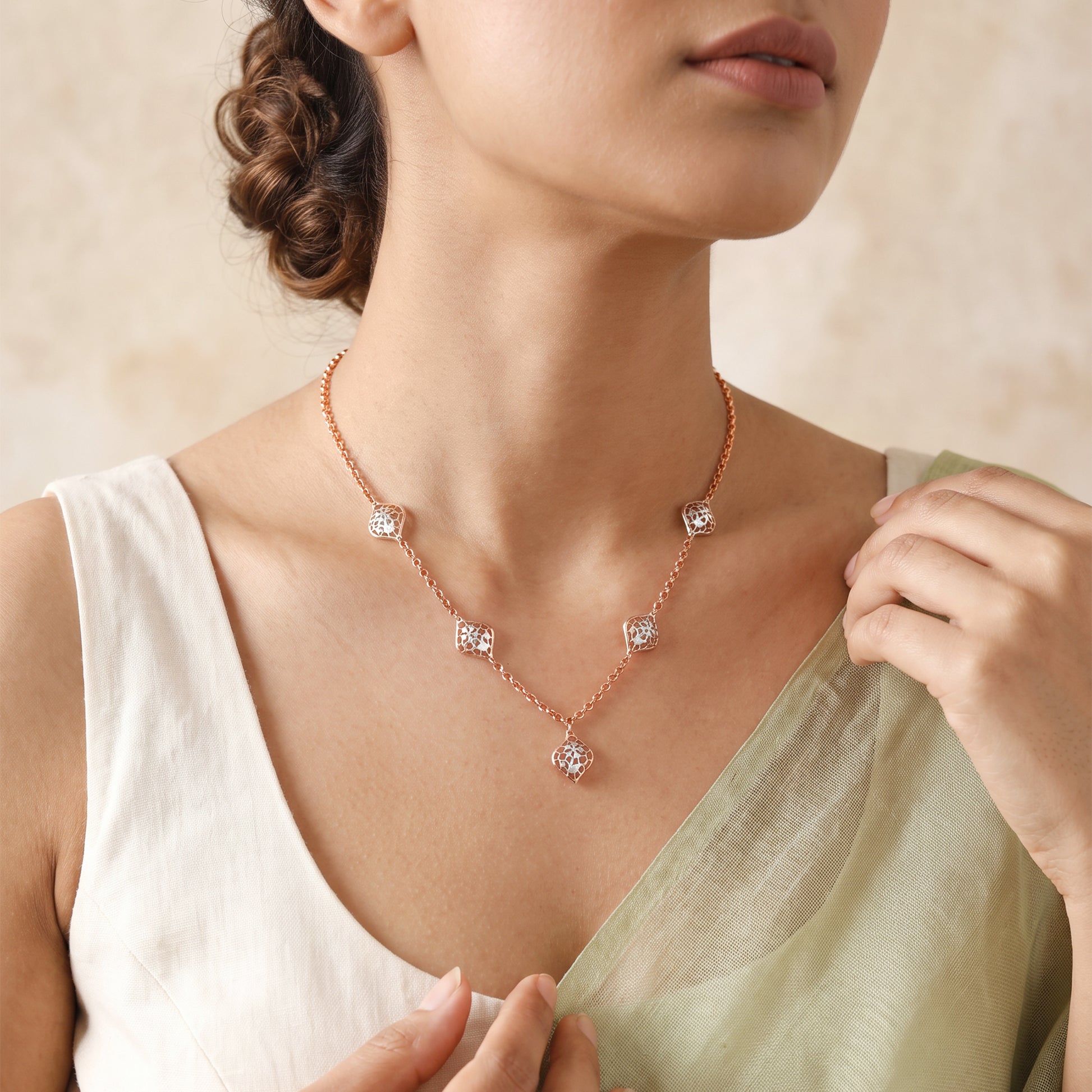 Dual Tone Petal Frame Silver Necklace