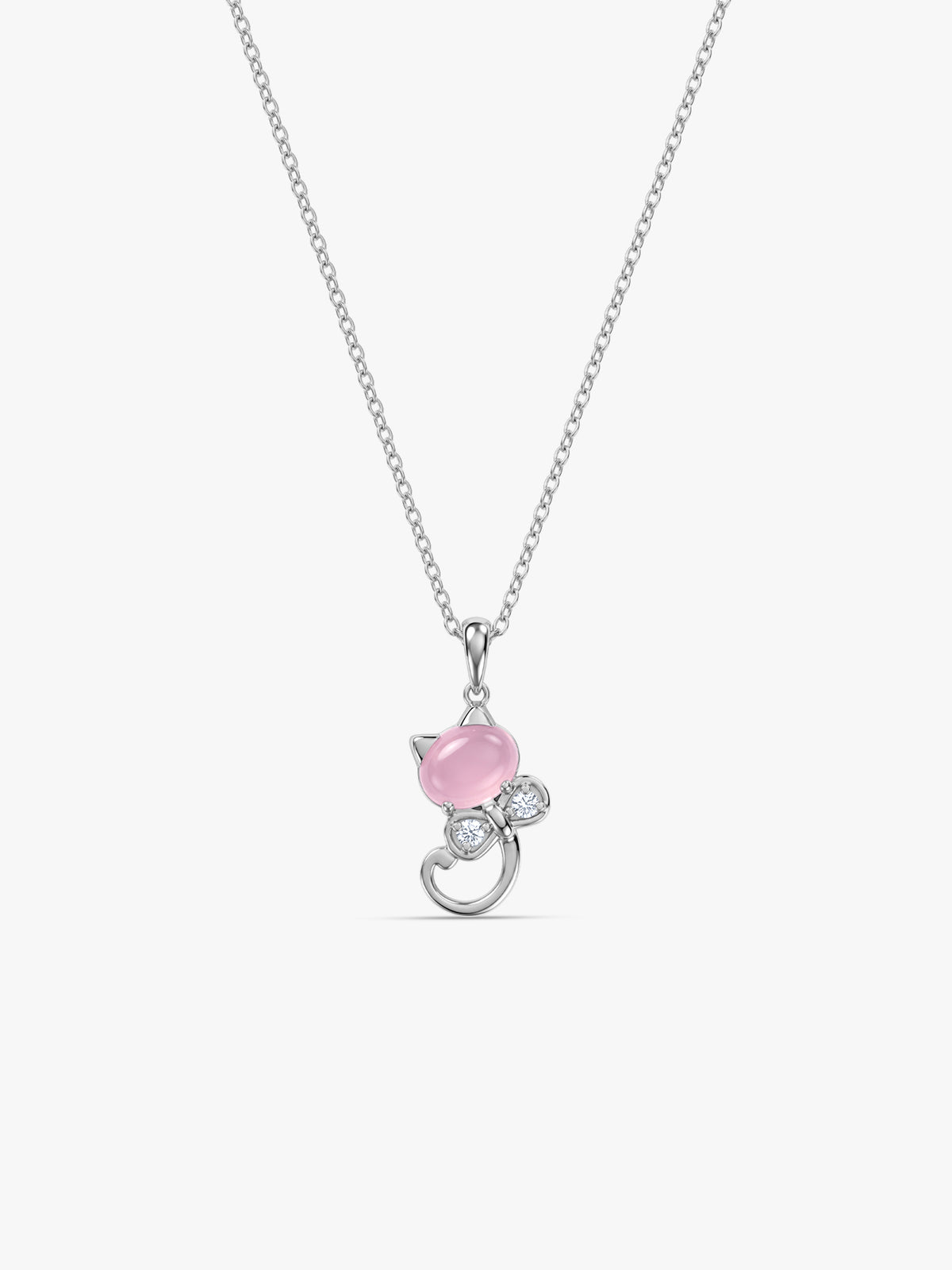 Silver Blush Cat Pendant With Link Chain