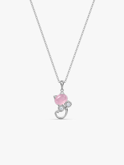 Silver Blush Cat Pendant With Link Chain