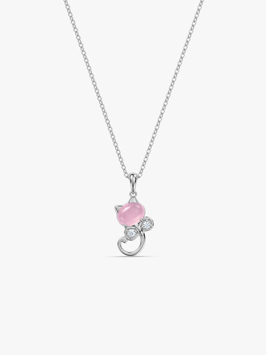 Silver Blush Cat Pendant With Link Chain