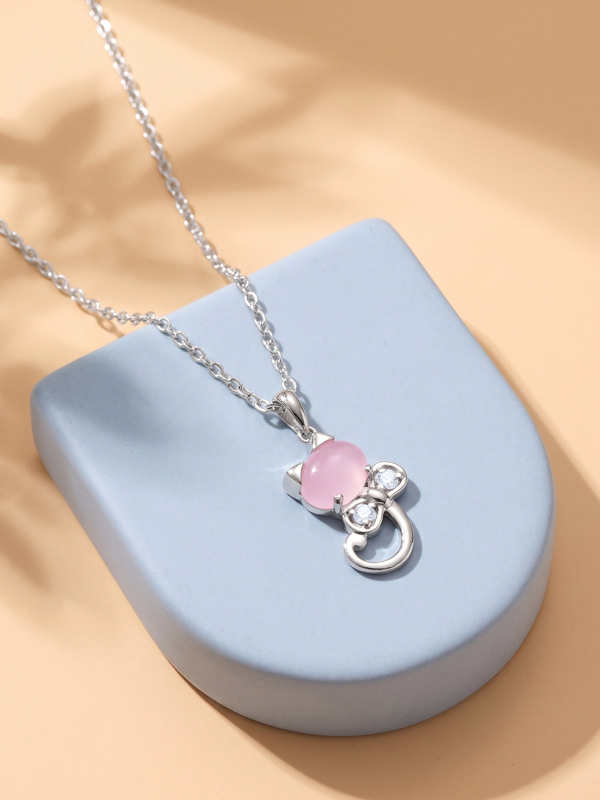 Silver Blush Cat Pendant With Link Chain