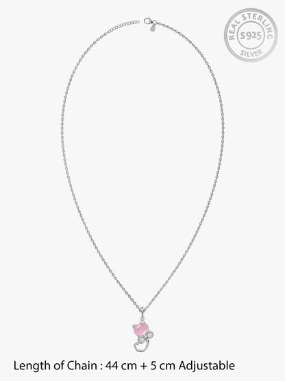 Silver Blush Cat Pendant With Link Chain