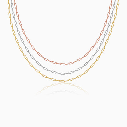 Triple Tone Link Lock Silver Necklace