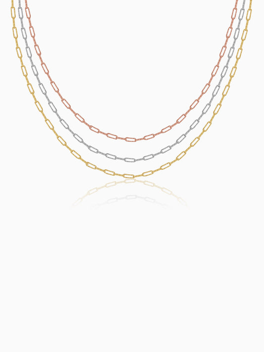 Triple Tone Link Lock Silver Necklace