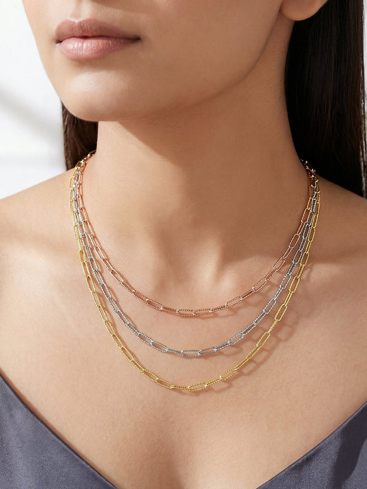 Triple Tone Link Lock Silver Necklace