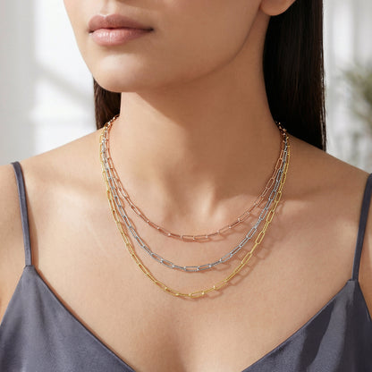 Triple Tone Link Lock Silver Necklace