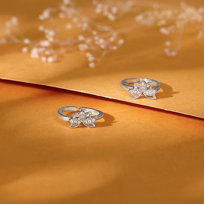Silver Crescent Flower Toe Rings