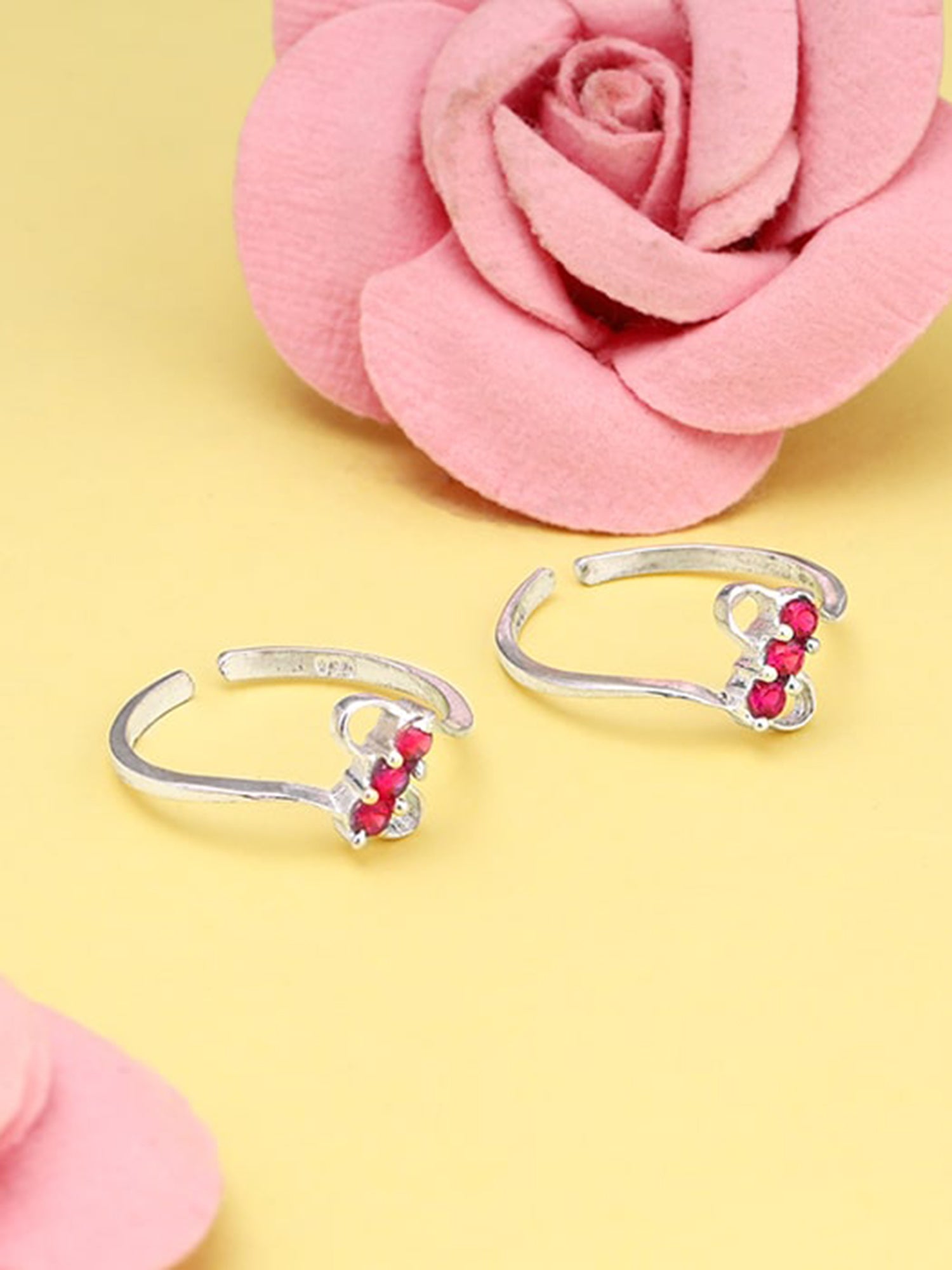 Silver Blushing Gem Slim Toe Rings