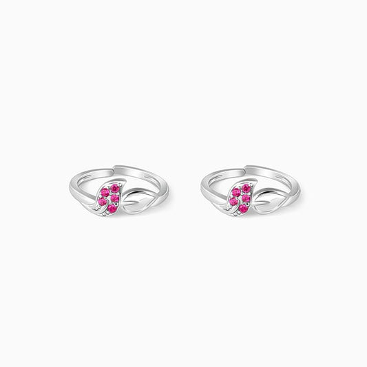 Silver Pink Stone Leaflet Toe Rings