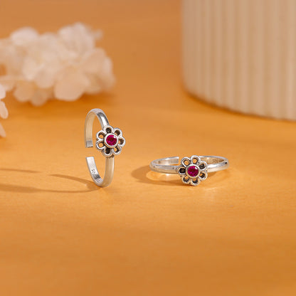 Oxidised Silver Floral Glam Toe Rings