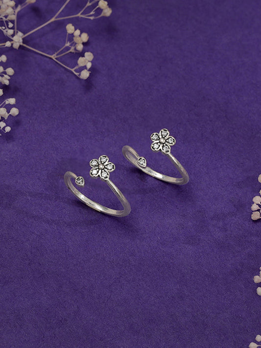 Oxidised Silver Floral Dazzle Toe Rings