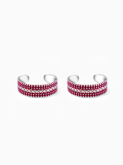 Silver Burgundy Patterned Toe Rings