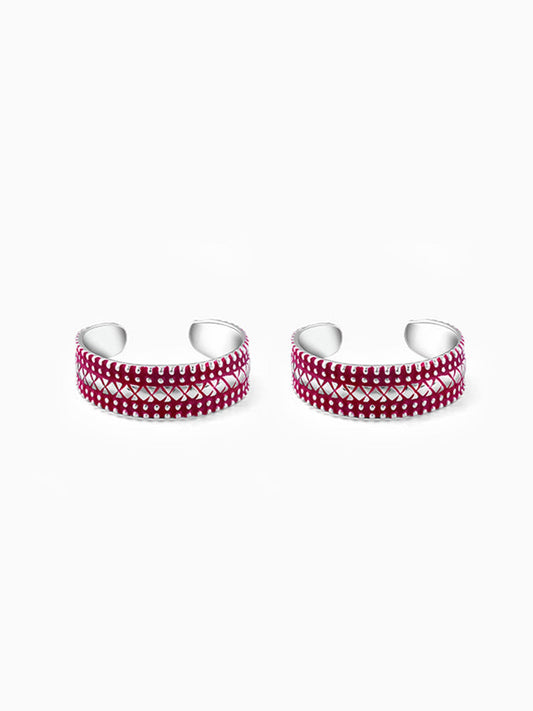 Silver Burgundy Patterned Toe Rings