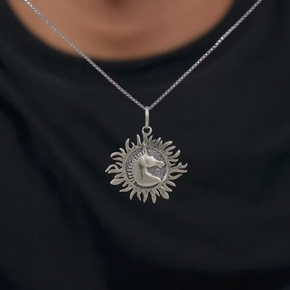 Oxidised Silver Sunborn Horse Pendant With Box Chain For Him