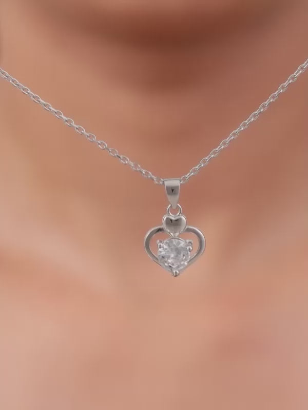 Silver Zircon Dual Heart Pendant with Link Chain