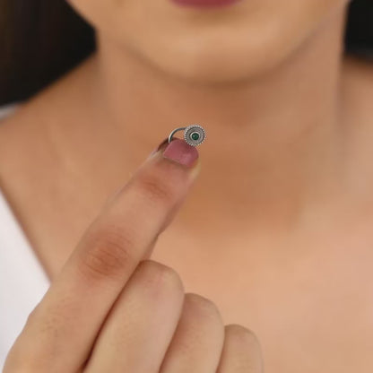 Oxidised Silver Bottle Green Nose Pin