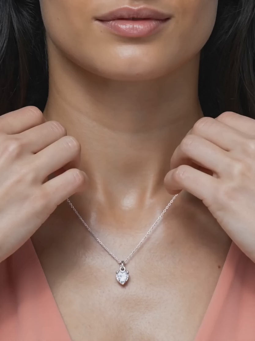 Silver Solitaire Heart  Pendant with Link Chain
