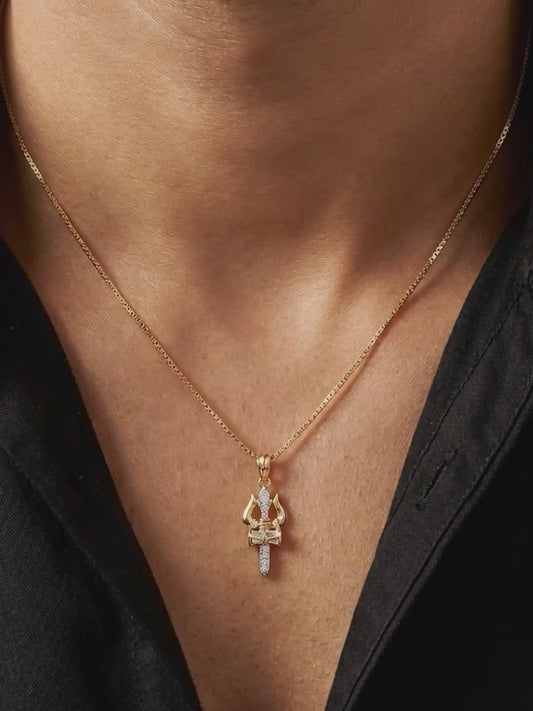 Dual Tone Mahadev Trishul Silver Pendant With Box Chain For Him