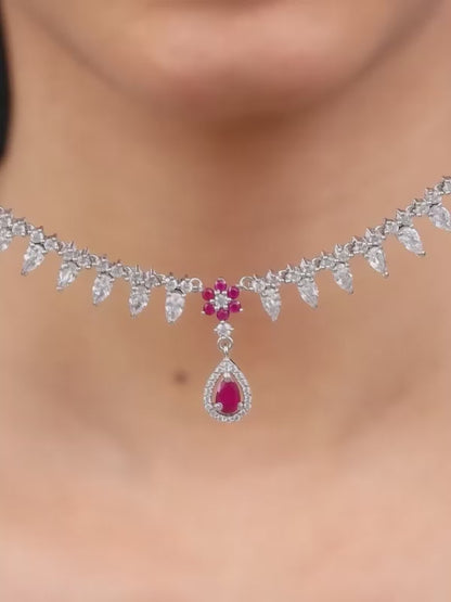 Silver Pink Flower Drop Necklace