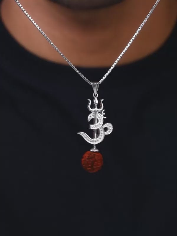 Silver Om Trishul Rudraksha Pendant With Box Chain For Him