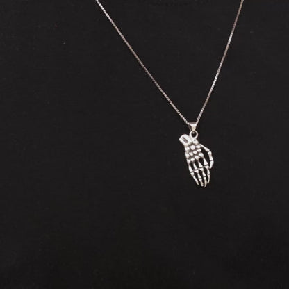 Oxidised Silver Skeletal Hand Pendant With Box Chain For Him