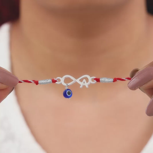 Silver Personalised initial Infinity Evil Eye Rakhi