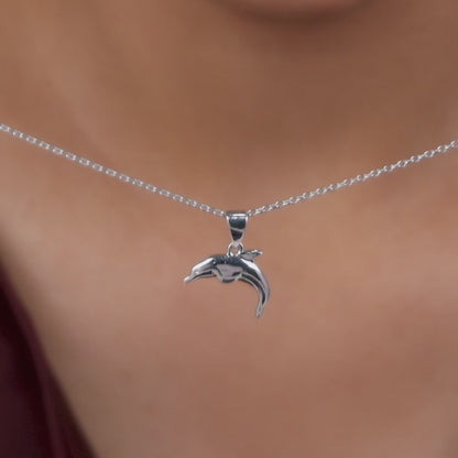 Silver Smiling Dolphin Pendant With Link Chain