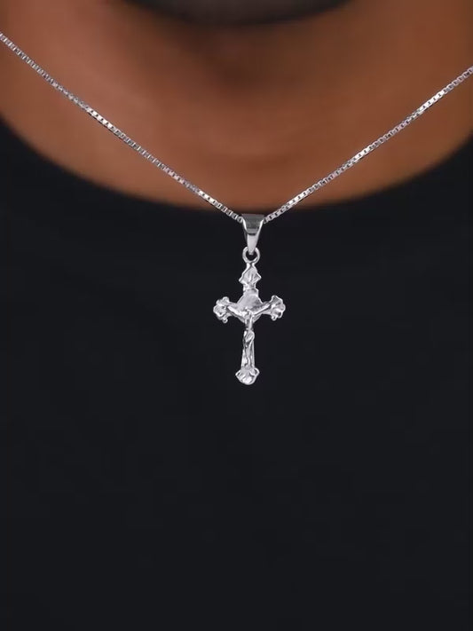 Silver Striped Cross Pendant with Box Chain For Him