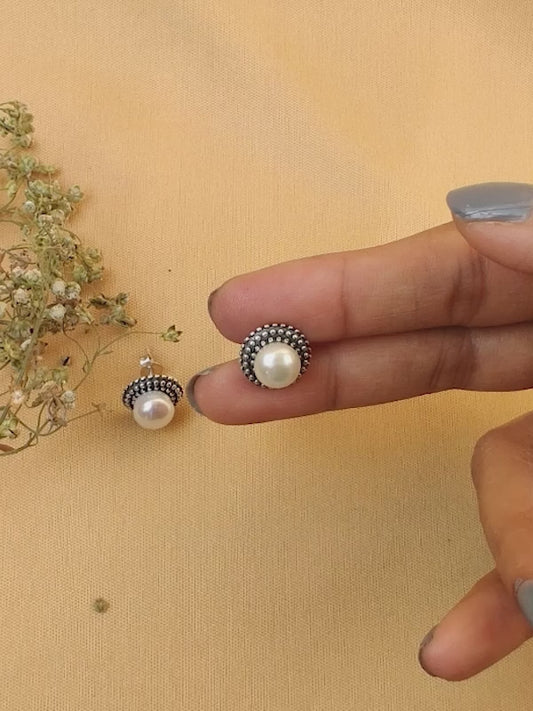 Oxidised Silver Pearl Stud Earrings