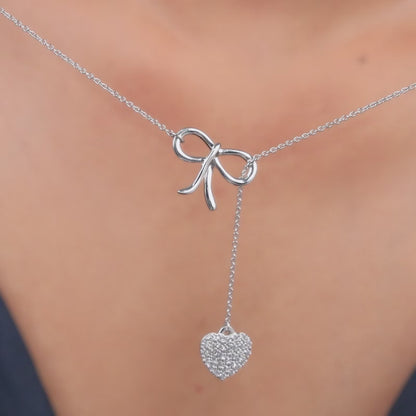 Silver Amora Bow and Heart Lariat Necklace