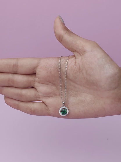 Silver Forest Green Shining Halo Pendant With Link Chain