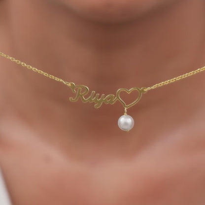 Golden Personalised Pearl Heart Necklace