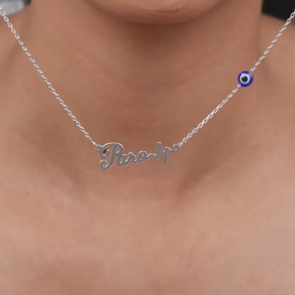 Silver Personalised Evil Eye Heartbeat Necklace