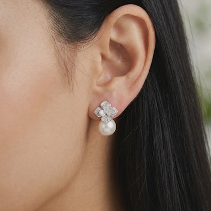 Silver Camellia Pearl Drop Earrings