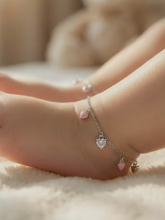 Silver Rosy Heartlet Kids Anklet (0 - 1 Years)