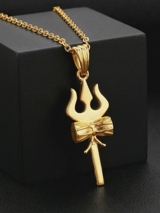 Golden Shiva Trishul Pendant With Link Chain For Him