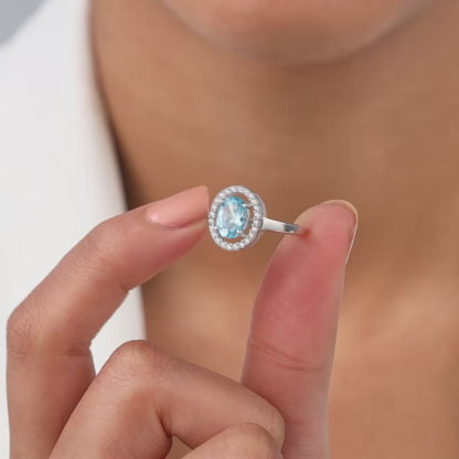 Silver Halo Blue Topaz Ring