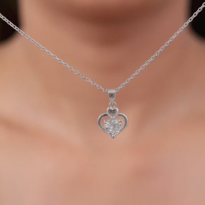 Silver Zircon Dual Heart Pendant with Link Chain