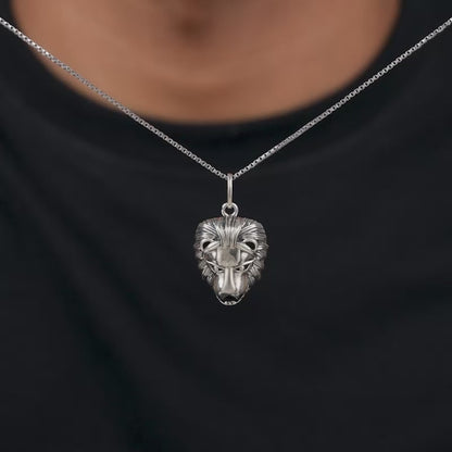 Oxidised Silver Lion Pendant With Box Chain For Him